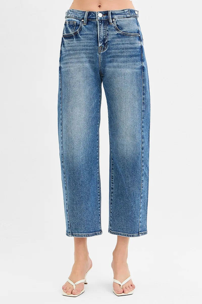 RISEN High Rise Crop Length Barrel Adjustable Waist Band Jeans - Fashorio