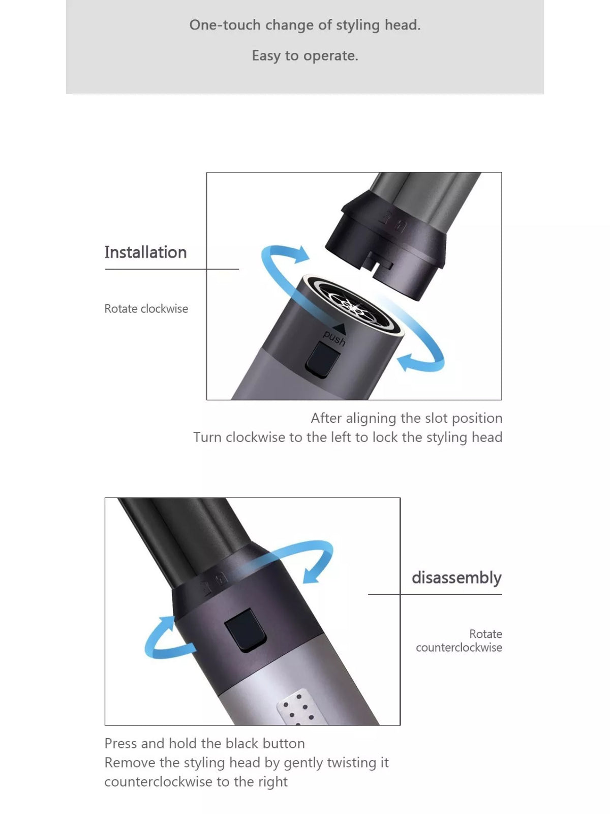 Gray curling iron handle held in hand