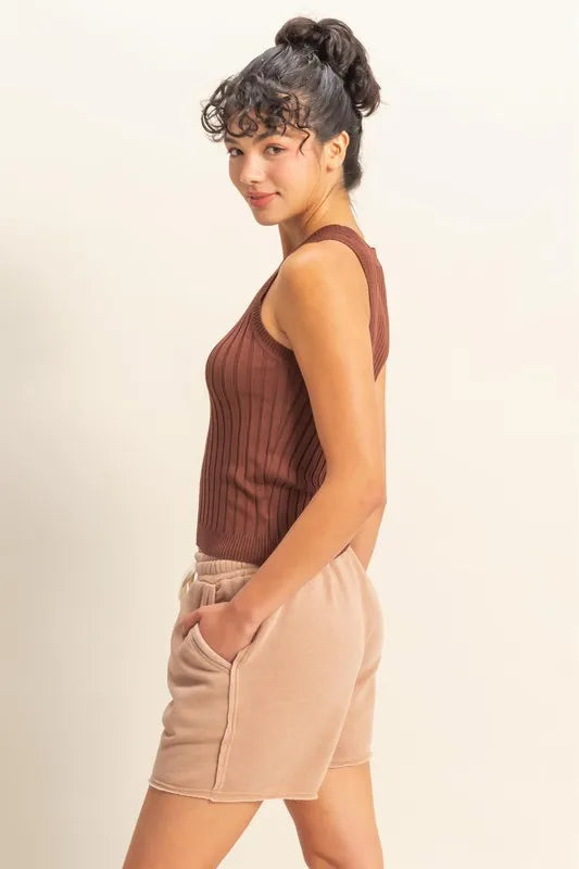 Stretchy Ribbed Round Neck Sweater Tank in Brown back view