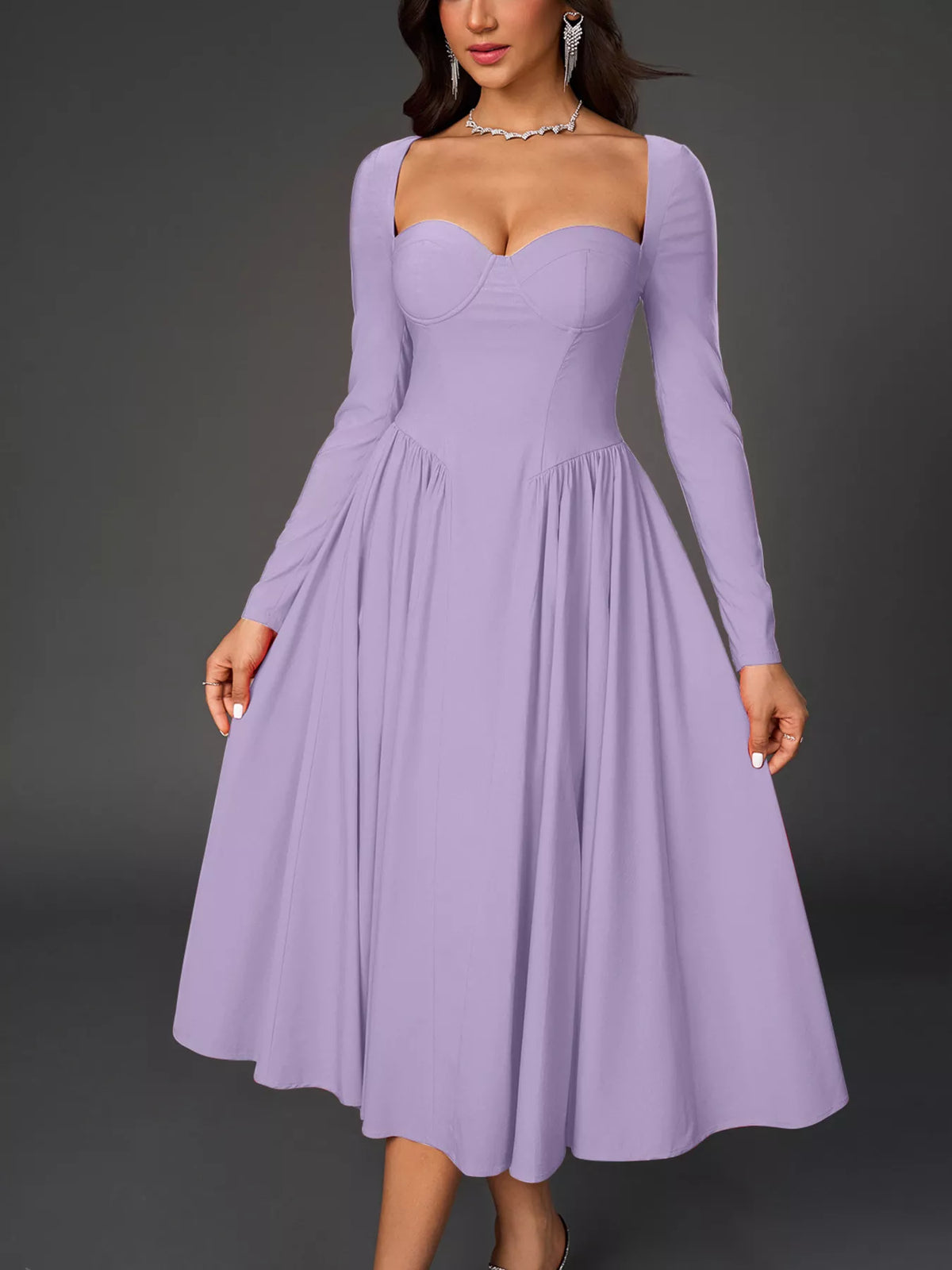 Long sleeve sweetheart dress styling close up