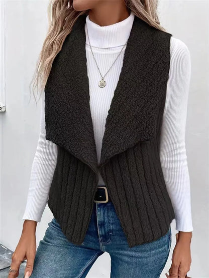 Open Front Fuzzy Vest Coat Black - Fashorio