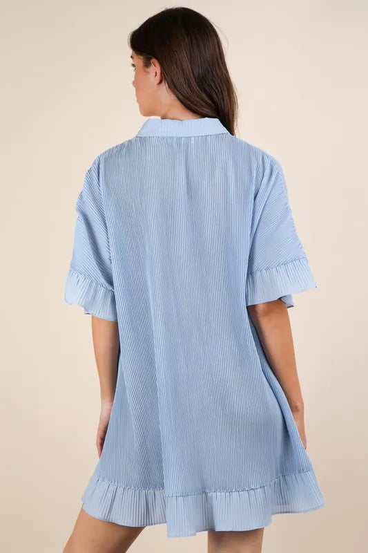 Pleated Button Down Mini Dress in Sky Blue detail