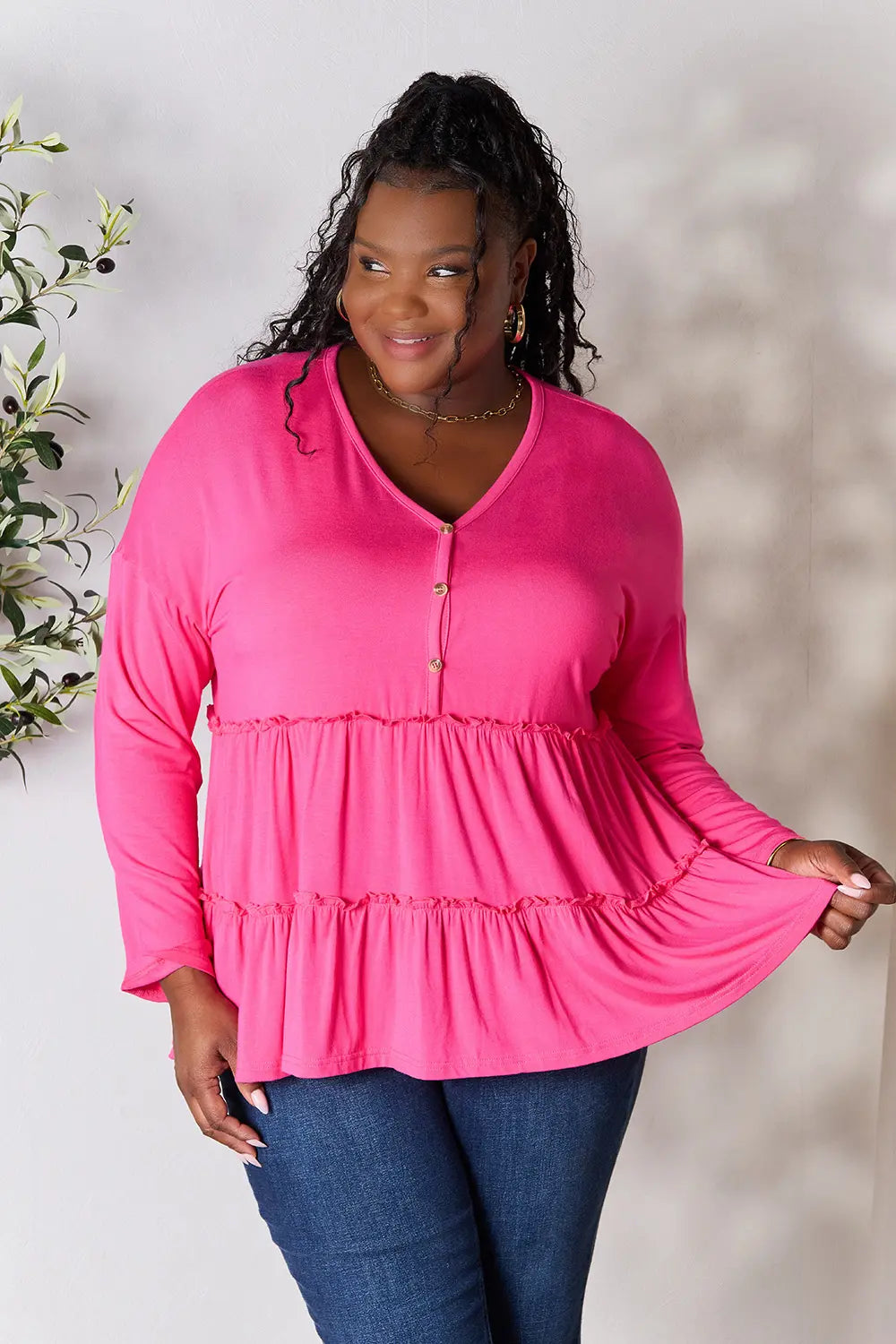 Double Take Half Button Long Sleeve Ruffle Hem Blouse Hot Pink - Fashorio
