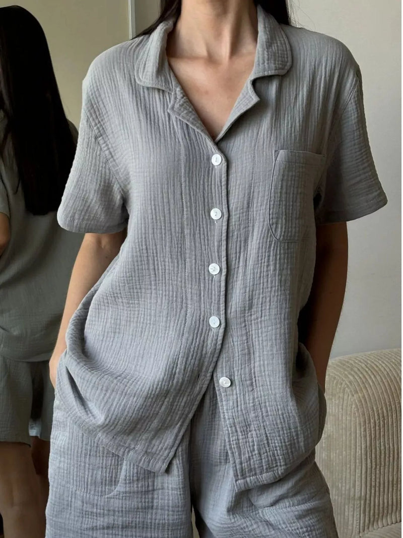 Button up short sleeve shirt and shorts set front