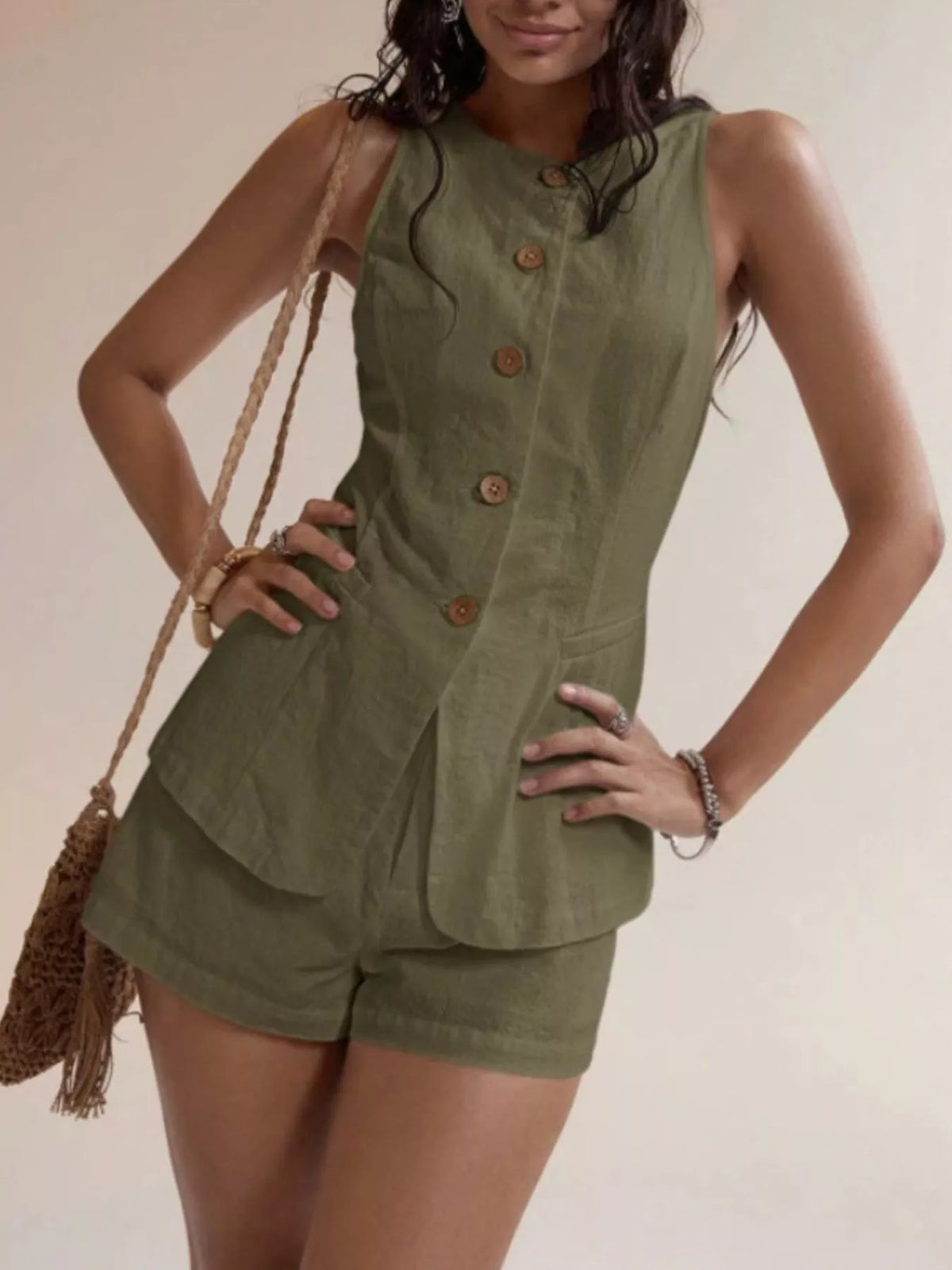Button Down Sleeveless Top and Shorts Set, view 12