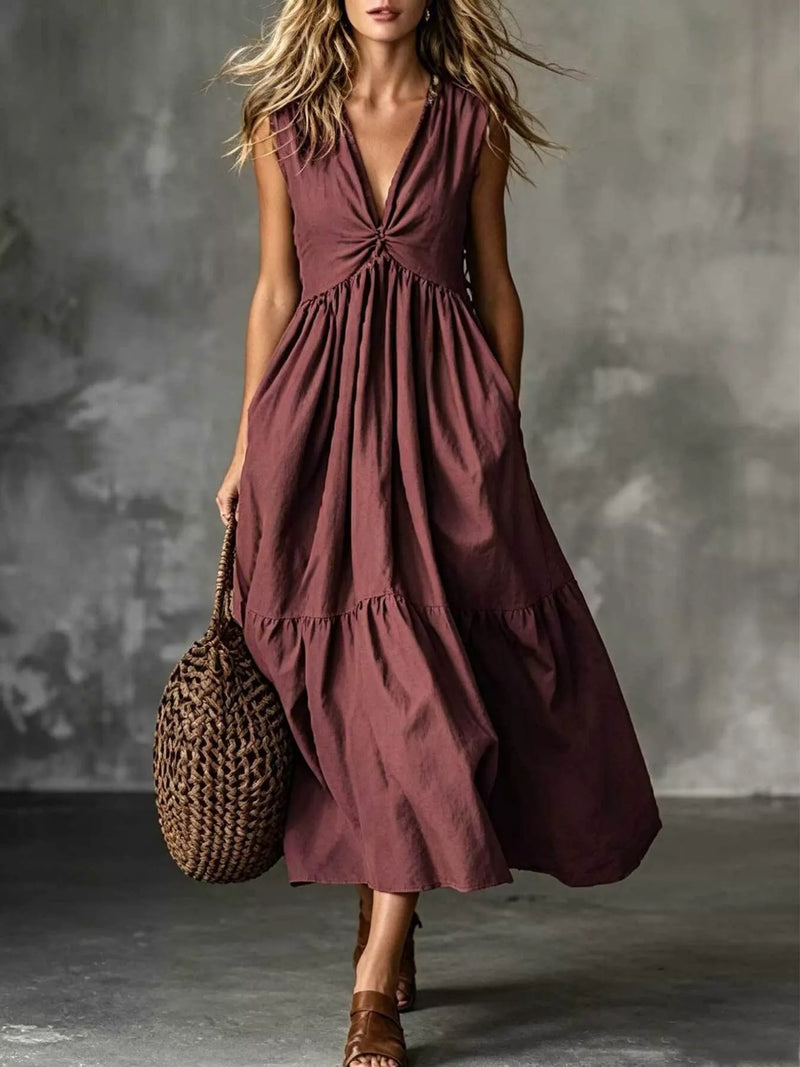 V neck twisted tiered dress front view