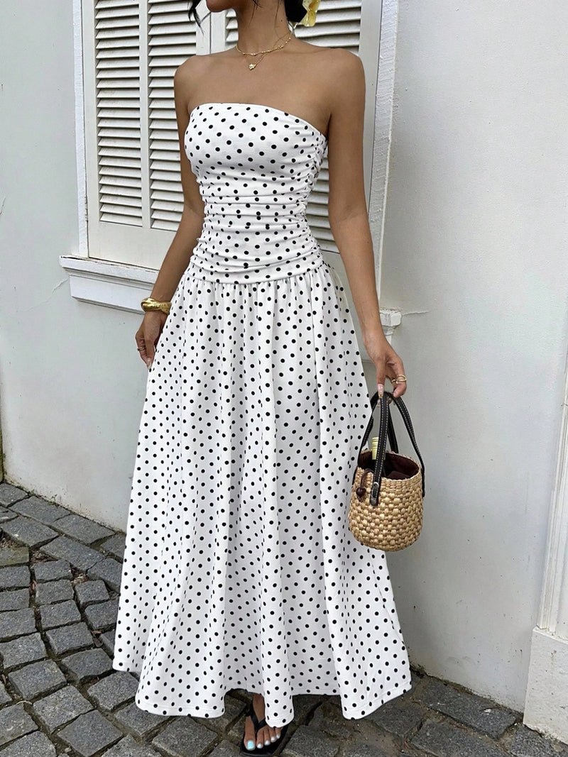 Polka dot ruched strapless maxi dress front view