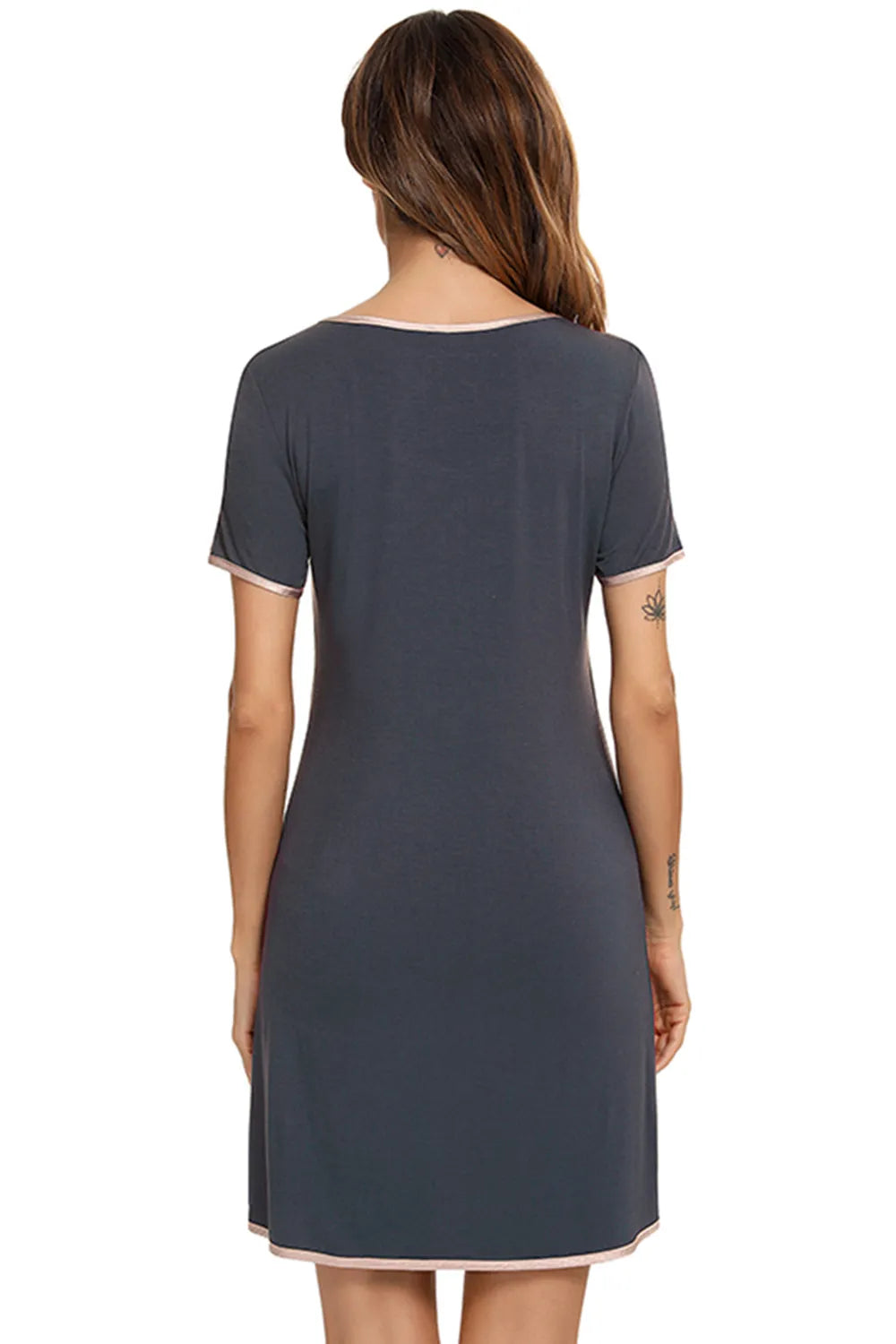 Contrast Trim Pocketed Round Neck Lounge Dress - Fashorio