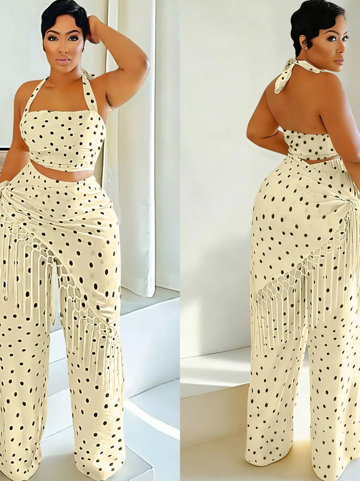 Fringe trim pants set full length styling