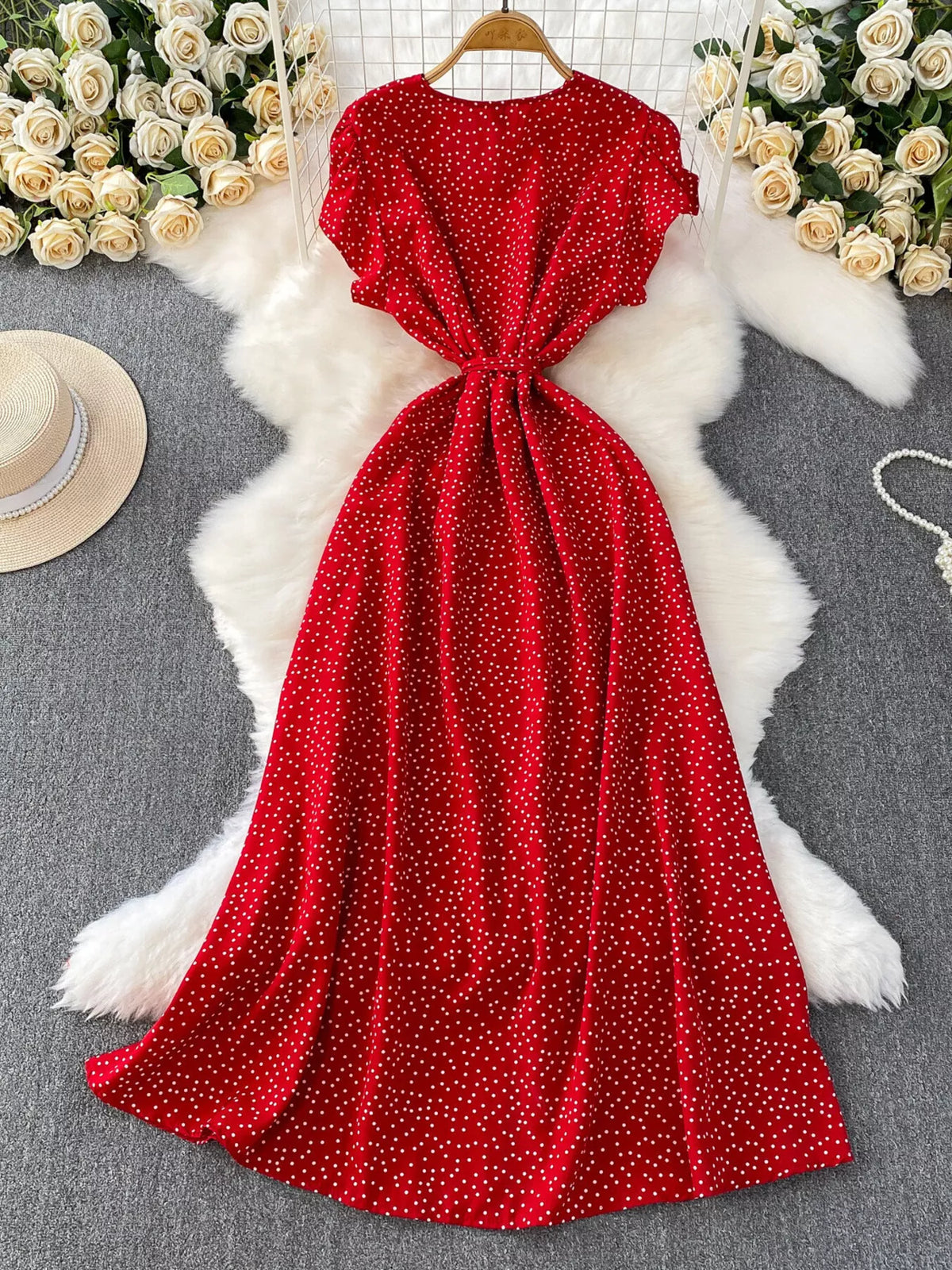 Red polka dot button up belted maxi dress front view