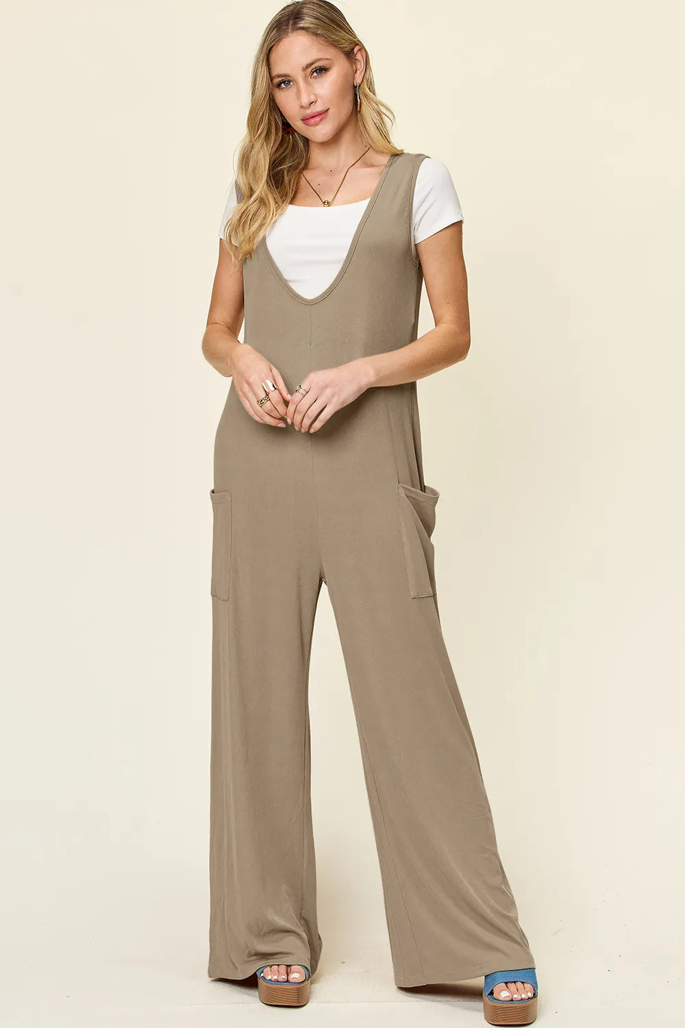 Plus size view of the wide leg jumpsuit