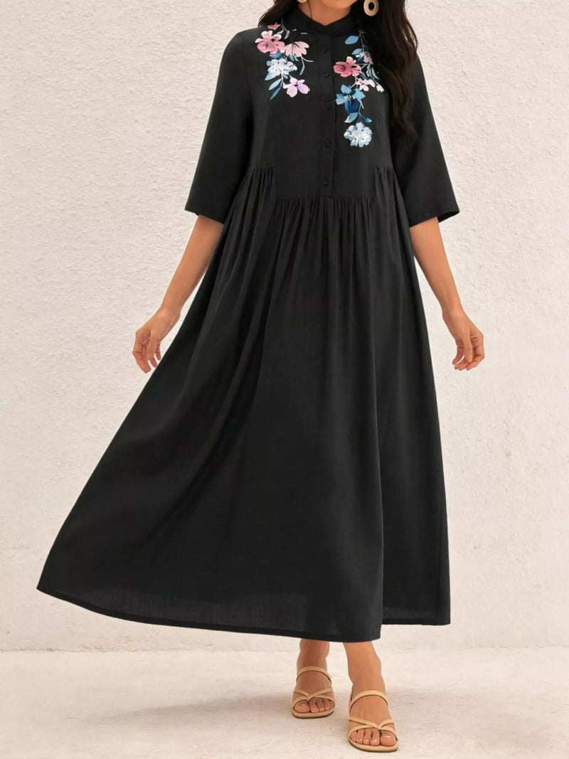 Black floral embroidered midi dress front view