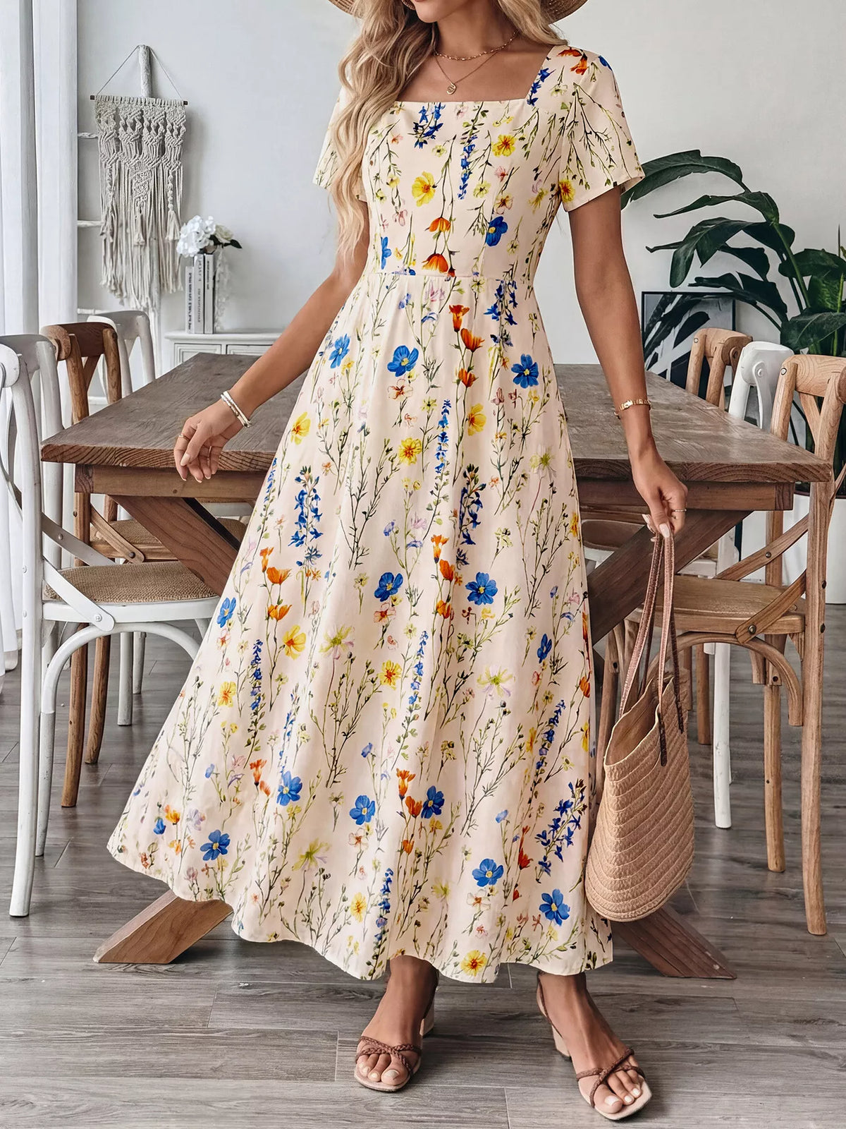 apricot floral square neck casual maxi dress full length view