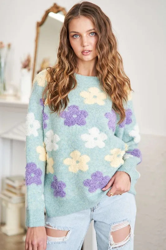 Popcorn Floral Two Tone Sweater Top Plus Size in Sage