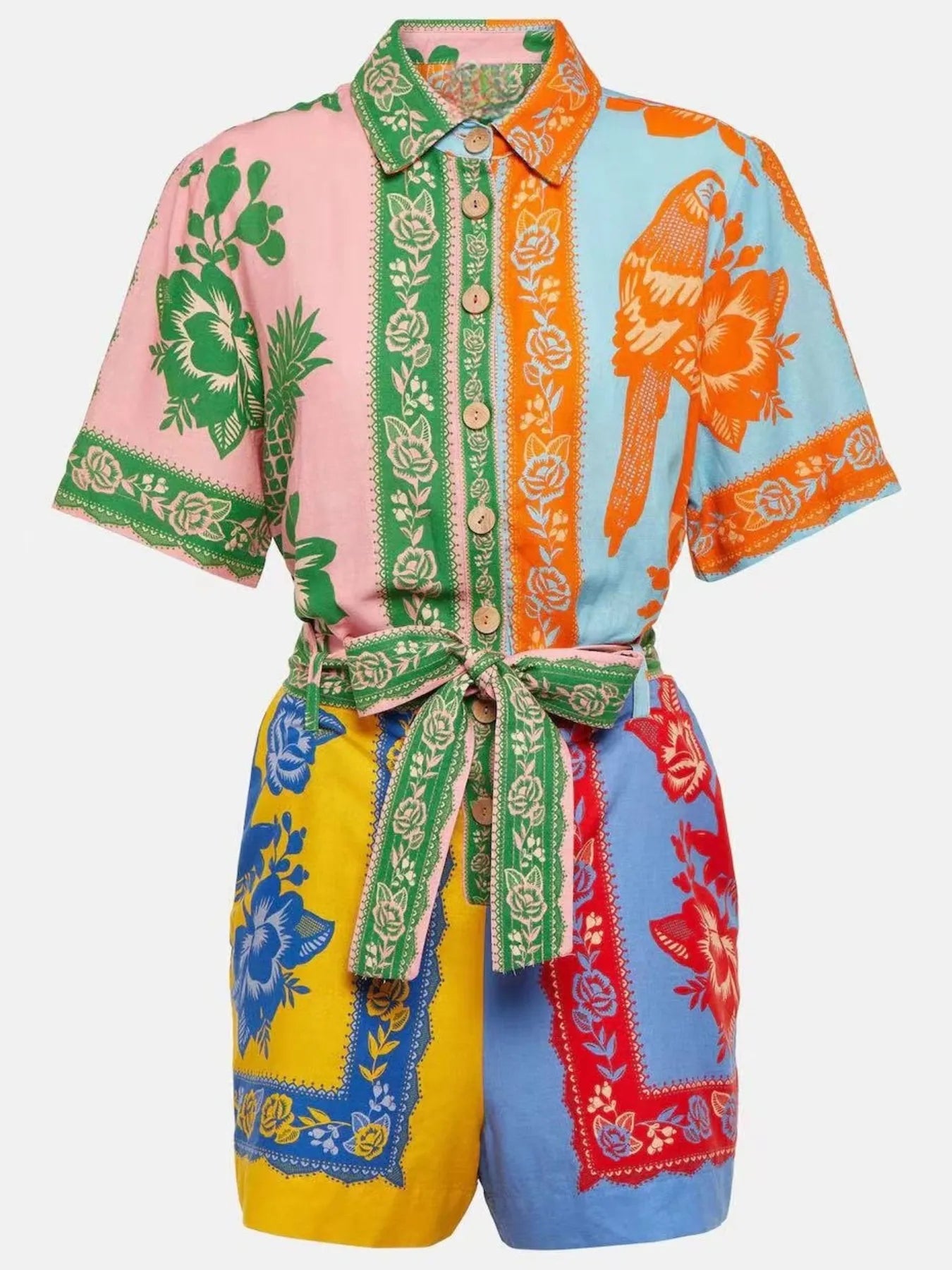 Printed Short Sleeve Tie Waist Romper - Fashorio