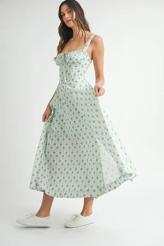 Floral Print Bustier Back Lace Up Midi Dress side view