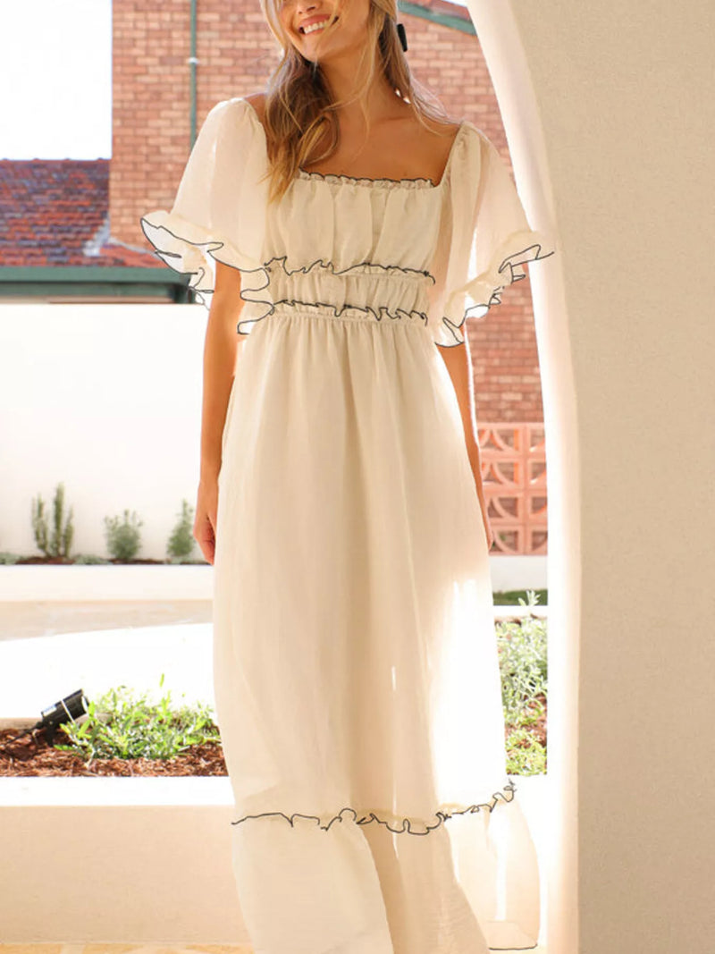 Apricot ruffled short sleeve tiered maxi dress front view