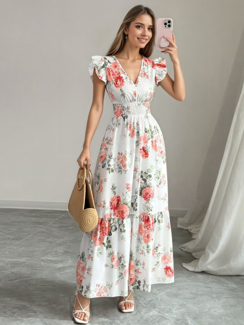 Floral ruffle sleeve tiered maxi dress front view