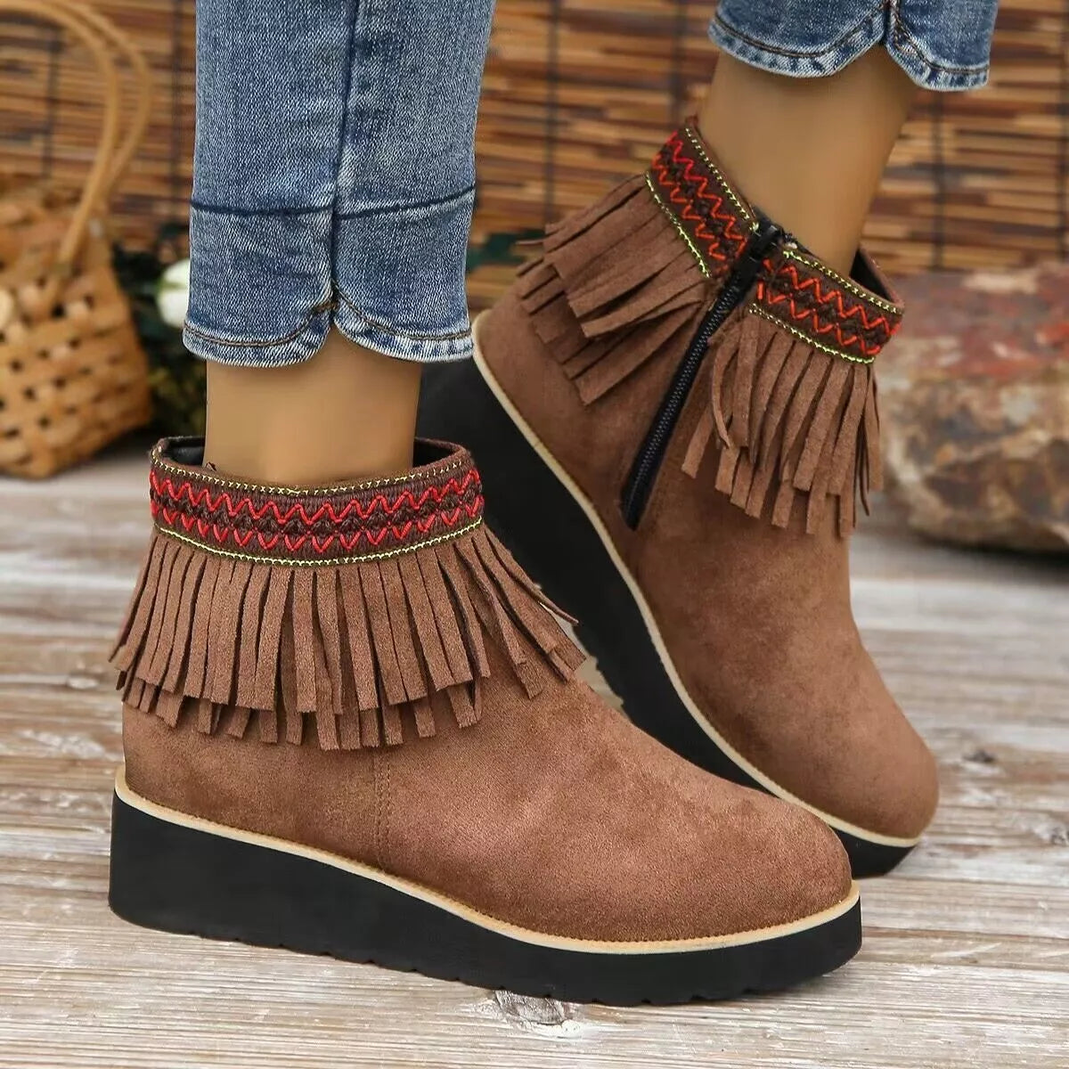 Fringe round toe ankle boots color options