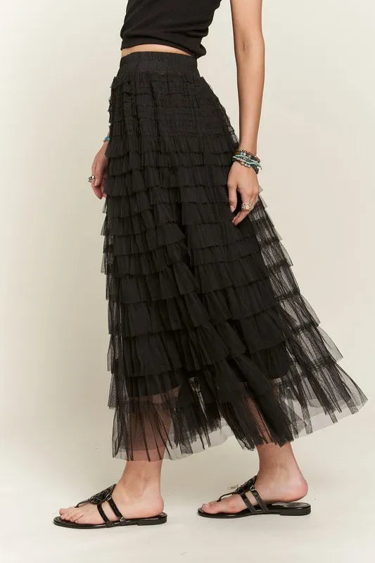 ADORA Elastic Waist Layered Mesh Midi Skirt - Fashorio