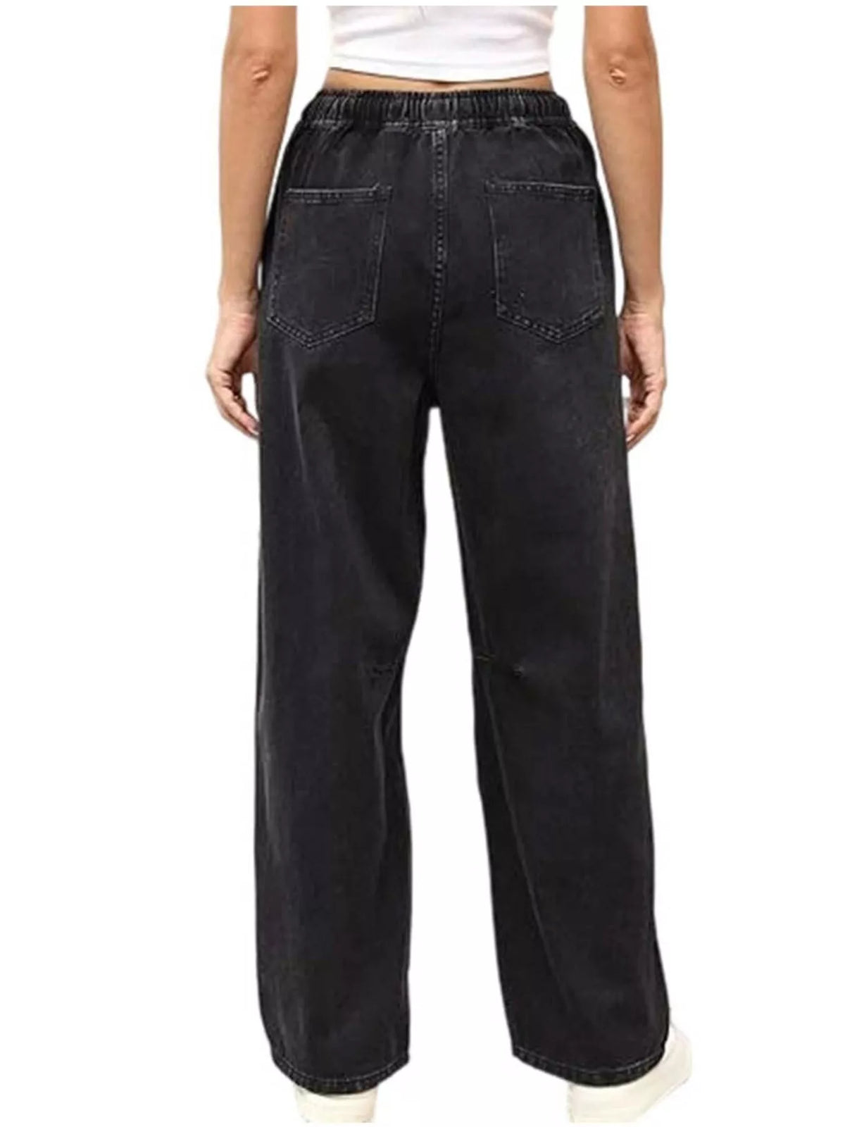 Wide leg jeans showing elastic drawstring waist
