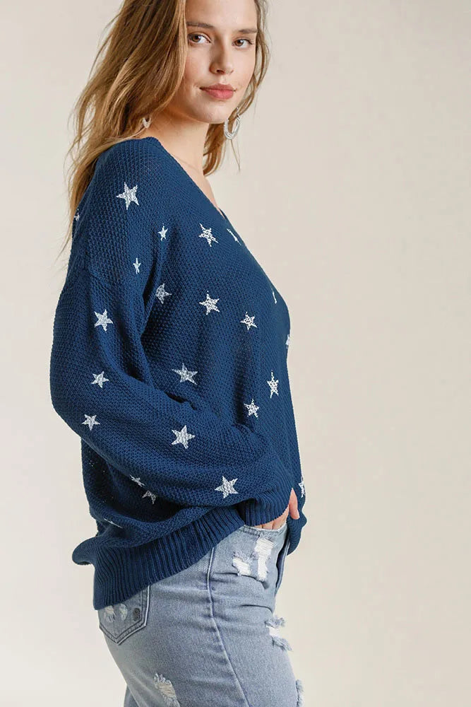 Star Print V Neck Long Sleeve Sweater Plus Size in Navy side view