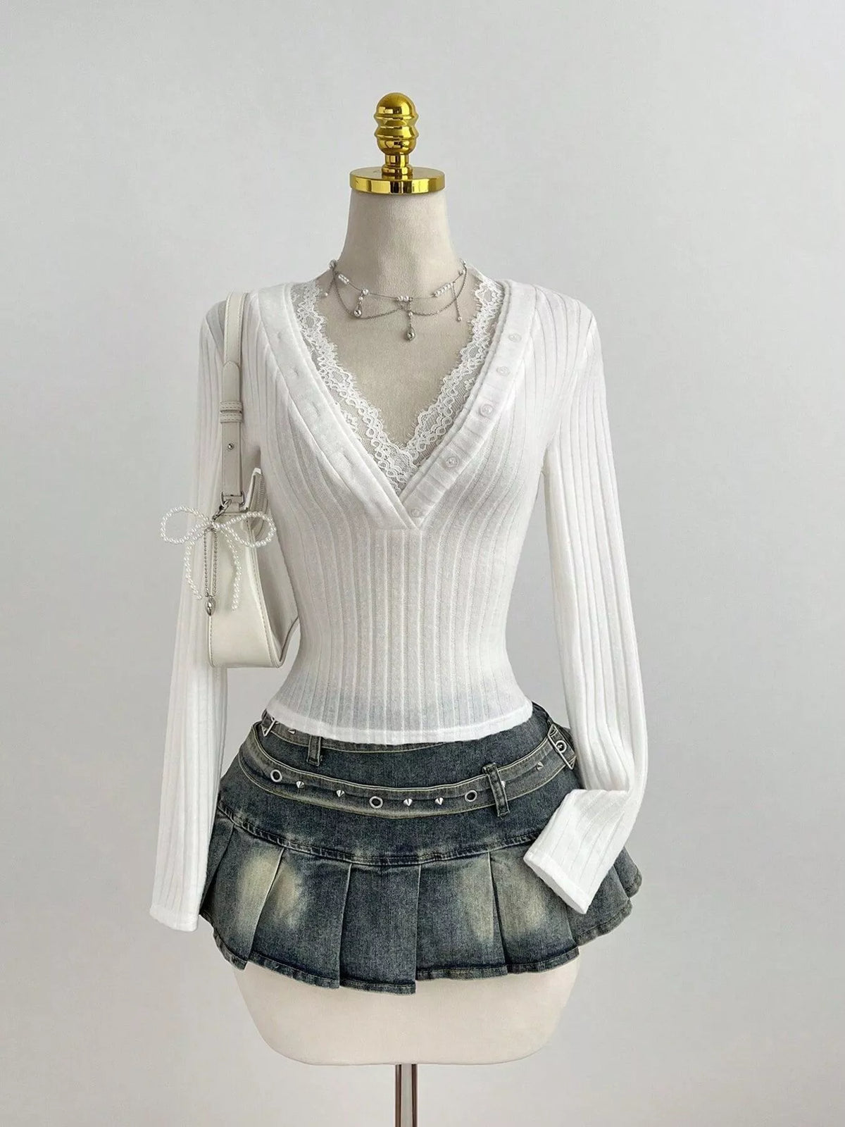 V neck lace trim ribbed knit top in white, front view