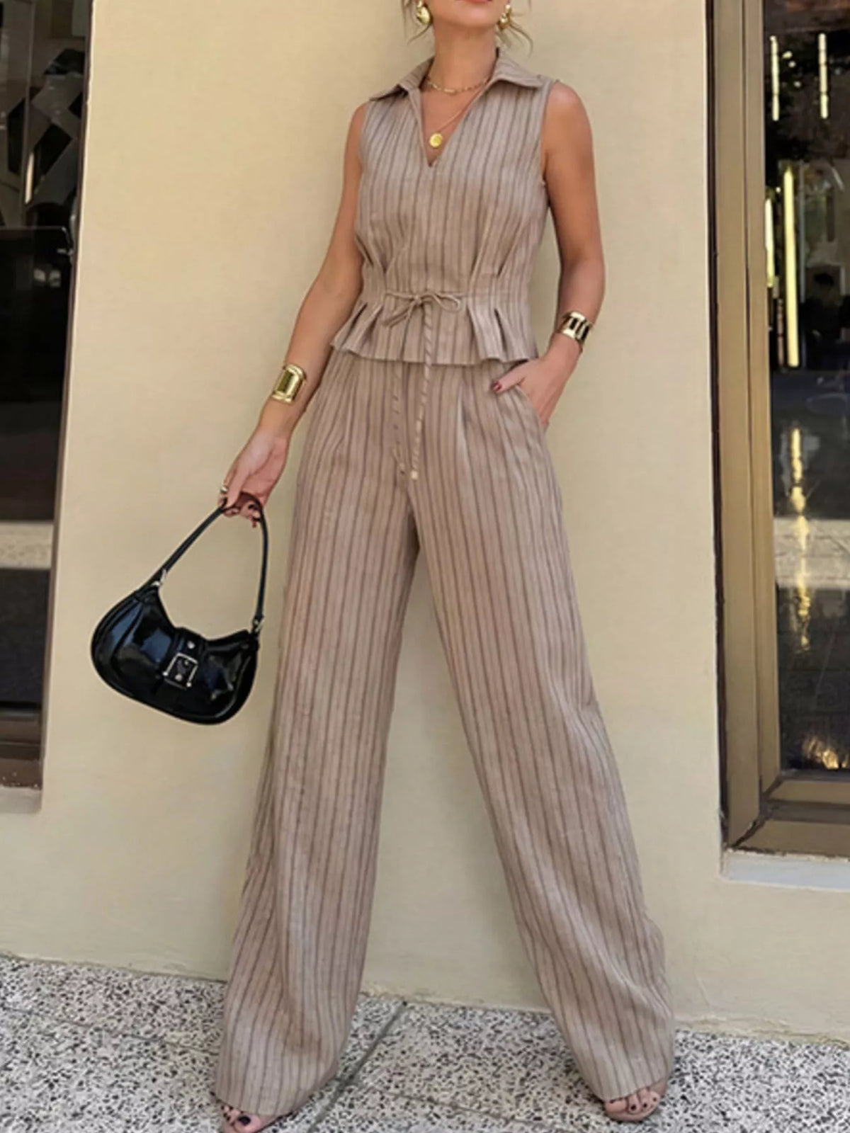Khaki striped two piece set side view