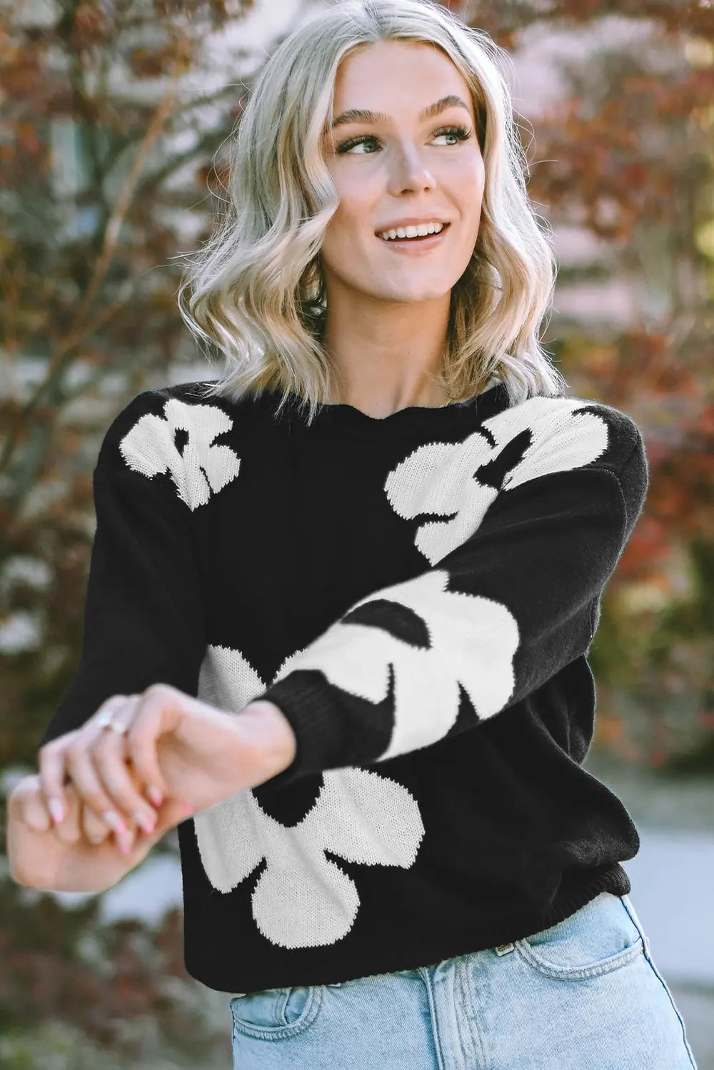 Round Neck Floral Pattern Color Contrast Design Long Sleeve Sweater - Fashorio