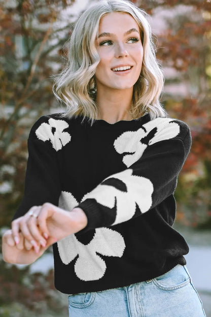 Round Neck Floral Pattern Color Contrast Design Long Sleeve Sweater - Fashorio