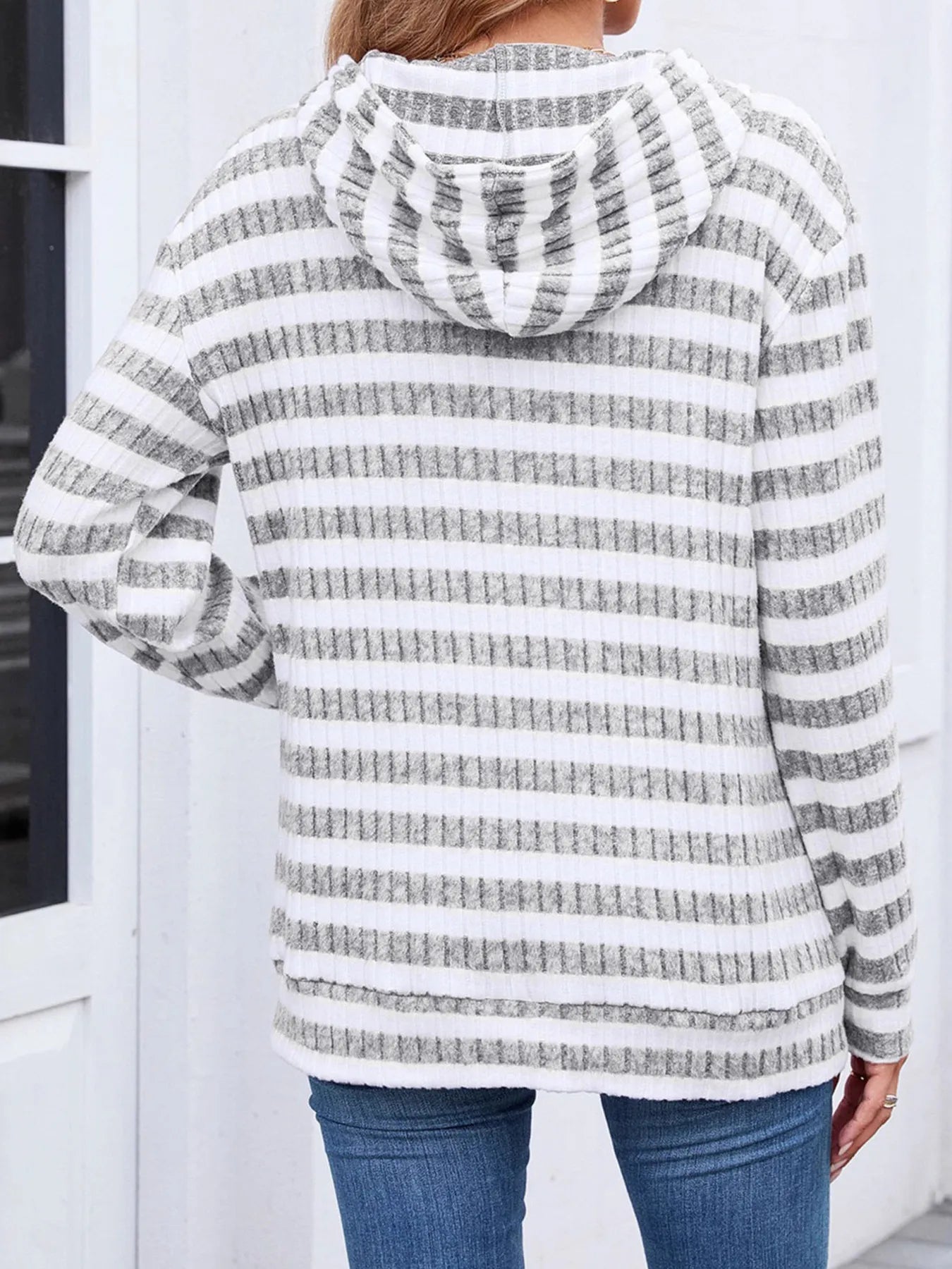 Striped Ribbed Knit Hoodie with Kangaroo Pocket - Fashorio