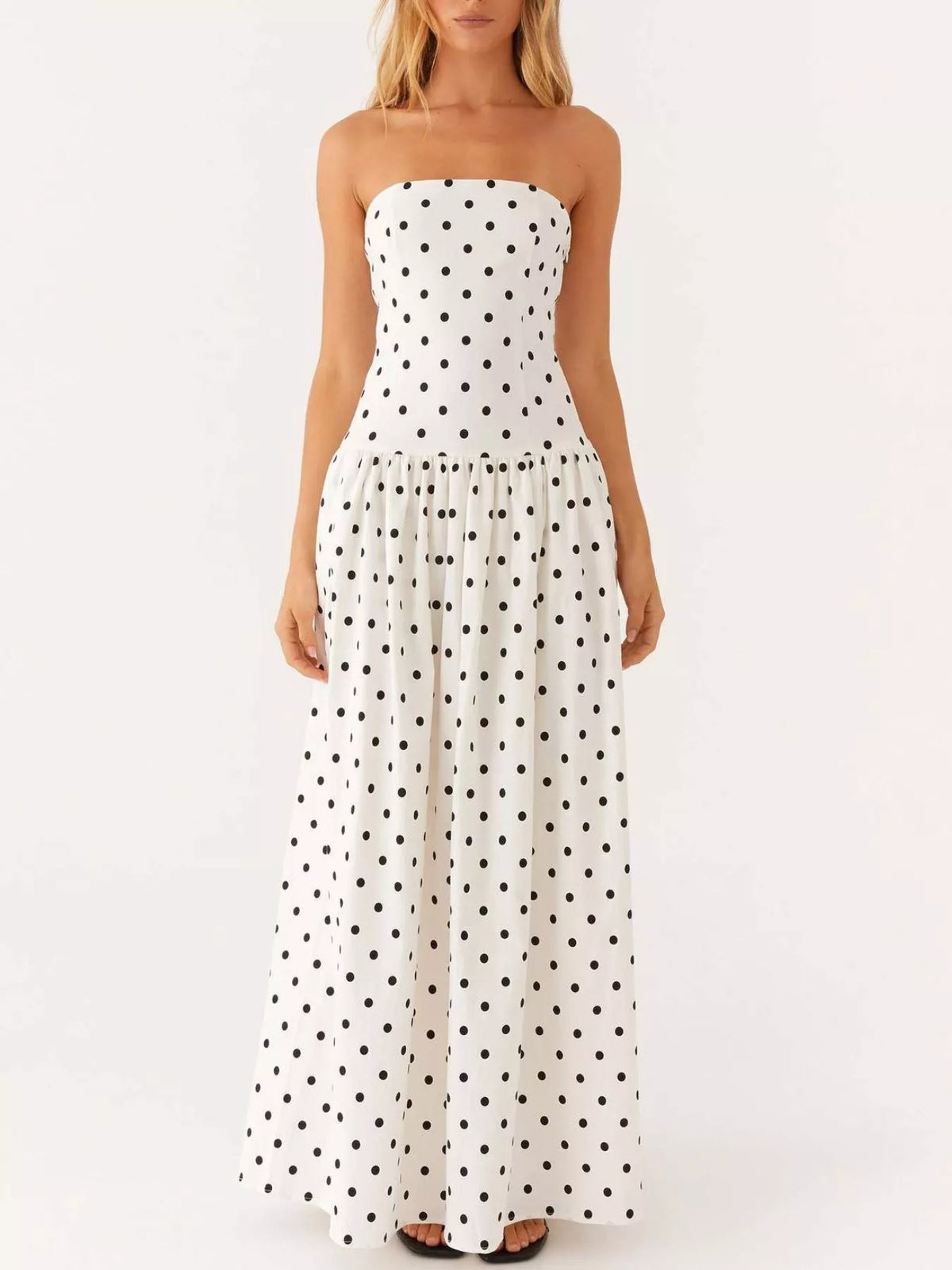 Printed tube maxi dress on holiday