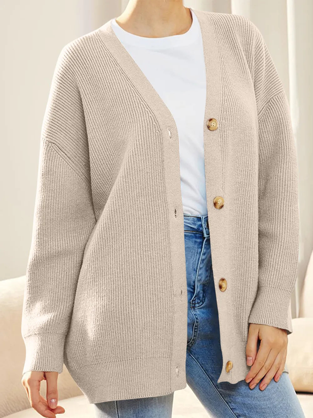 Button Down V-Neck Long Sleeve Cardigan - Fashorio