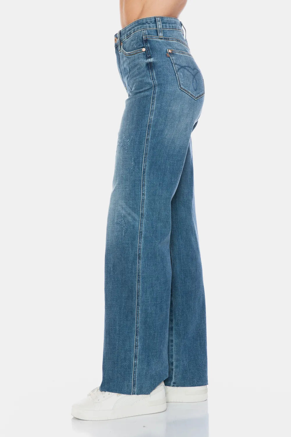 Judy Blue Tummy Control Raw Hem Straight Jeans on model