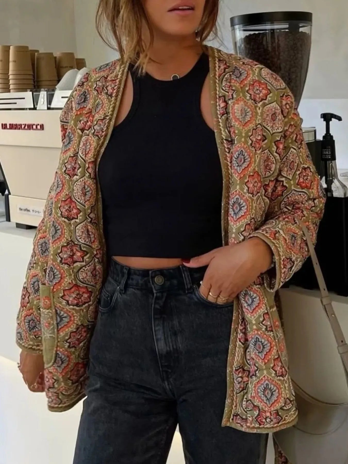 Belted Open Front Floral Winter Coat Floral - Fashorio