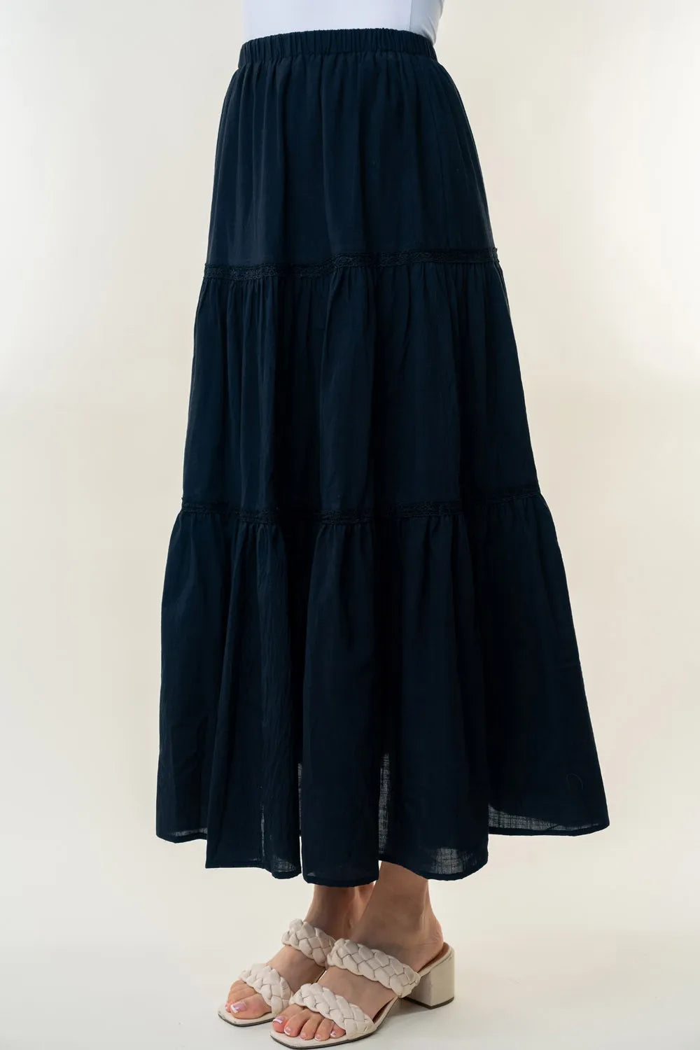 White Birch High Waisted Tiered Maxi Skirt Black - Fashorio