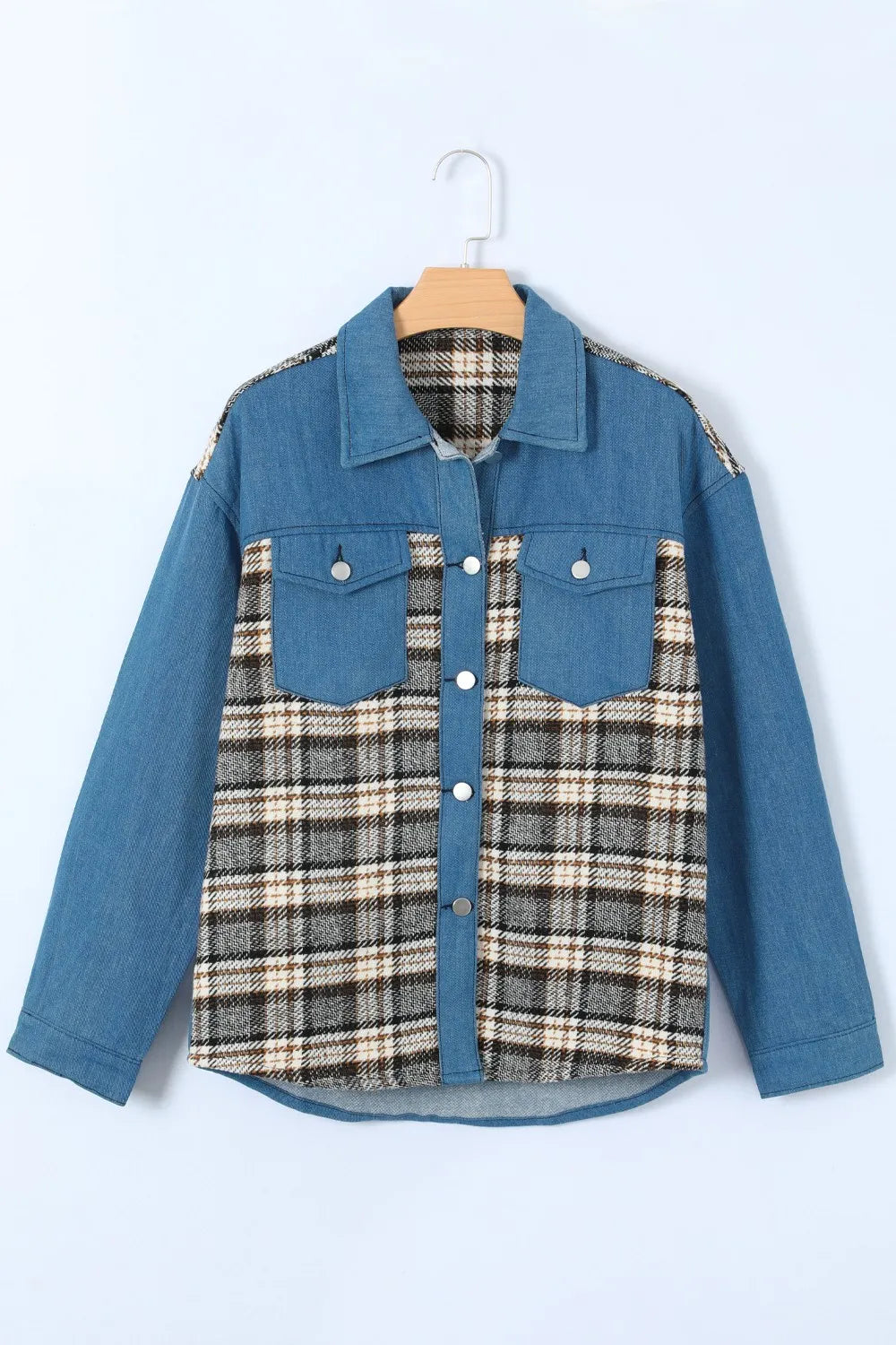 Plaid Pocketed Button Up Denim Jacket - Fashorio