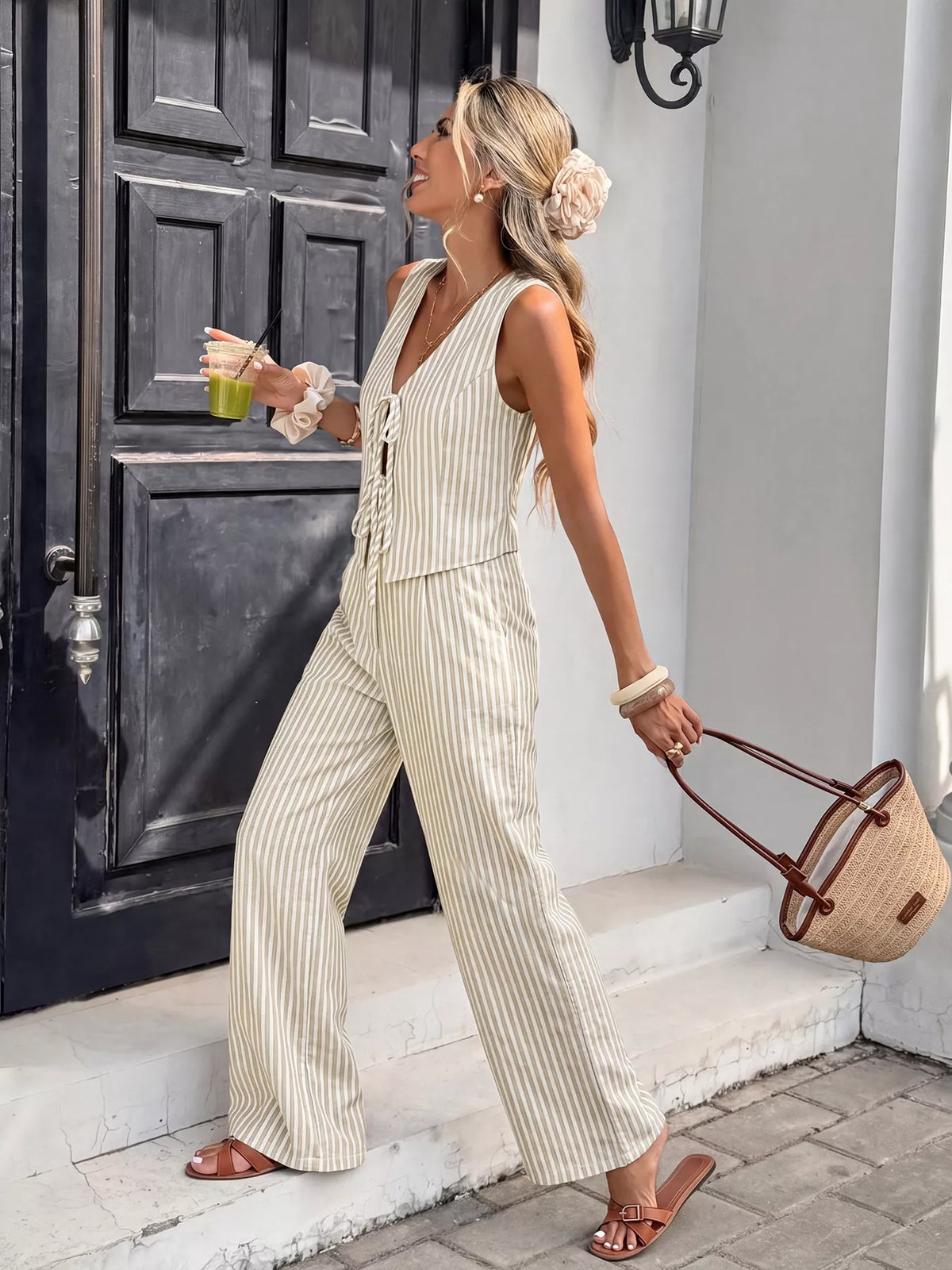 Striped vest and wide leg pants full outfit styled
