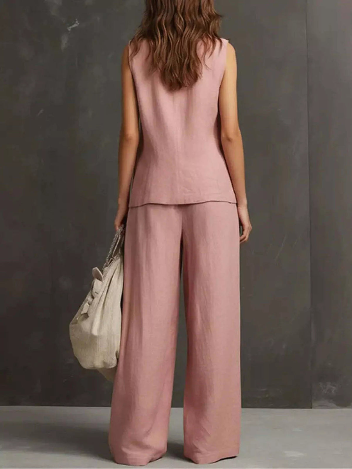 Back view of the sleeveless vest and wide leg pants