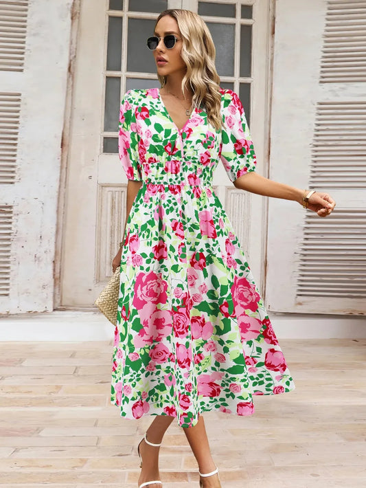 Ruched Printed Surplice Short Sleeve Dress Pink - Fashorio