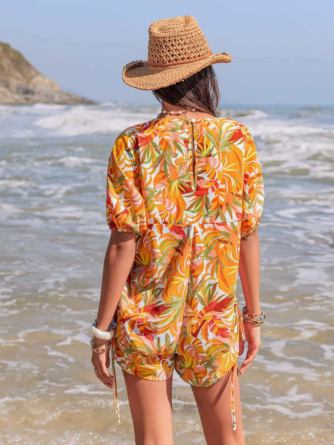 Printed tie neck romper lifestyle view