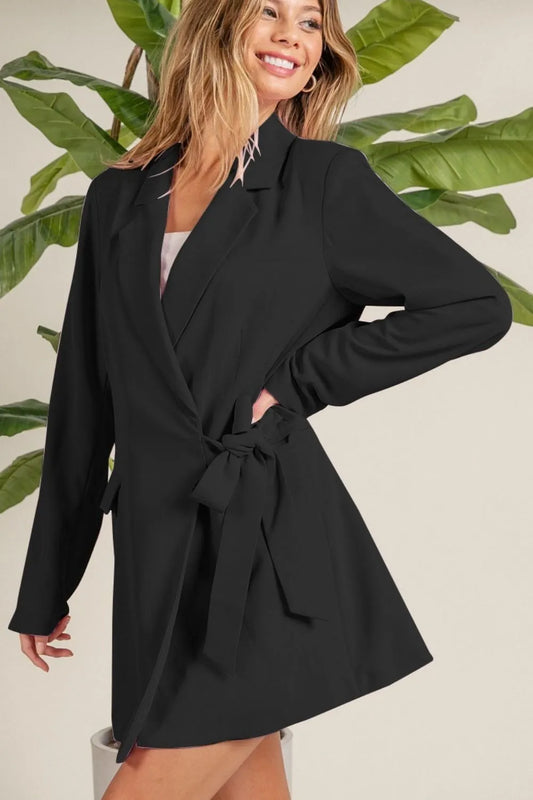 BiBi Wrap Tie Detailed Long Blazer BLACK - Fashorio