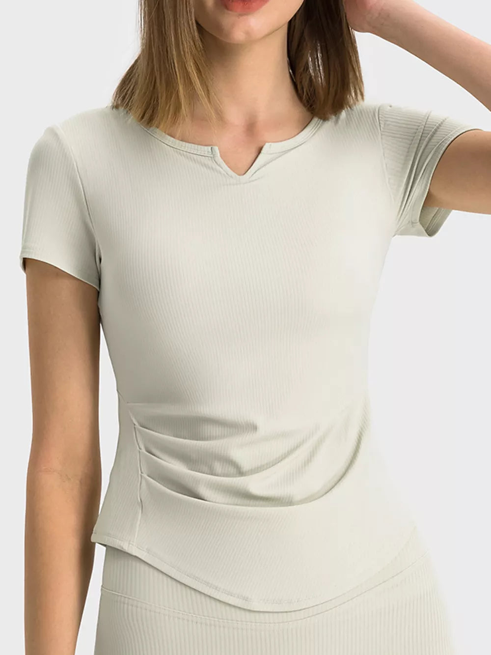 Notched neck short sleeve active t-shirt back detail