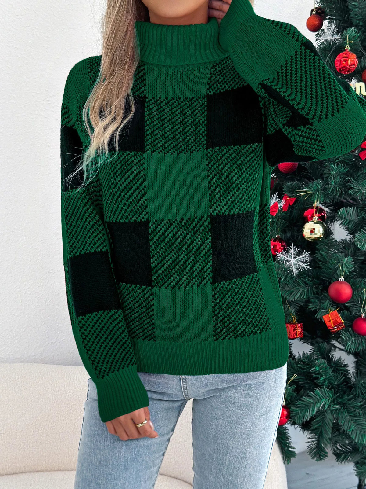 Christmas Plaid Turtleneck Sweater styled look