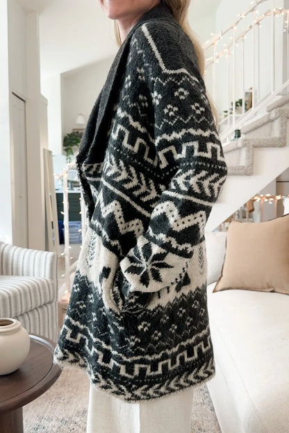 Snowflakes Collared Neck Long Sleeve Cardigan - Fashorio