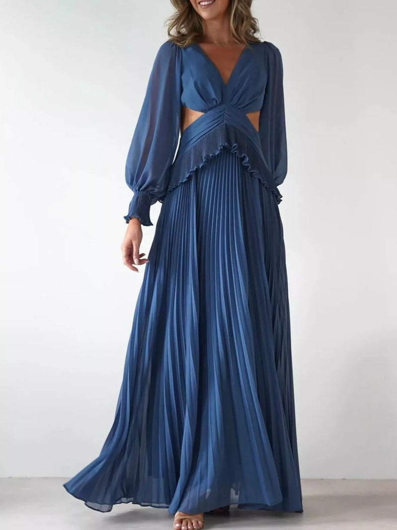 Backless Pleated Long Sleeve Maxi Dress front view