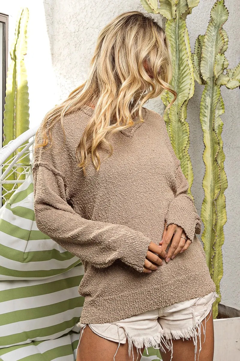 Raw Edge Popcorn Texture V Neck Sweater in Latte close up