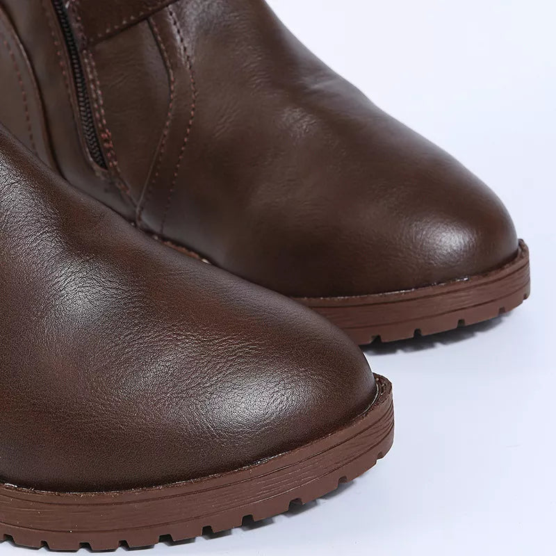Round Toe Low Block Heel Boots pair standing together