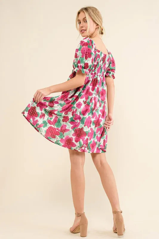 Smocked Floral Ruffle Mini Dress in Fuchsia back view