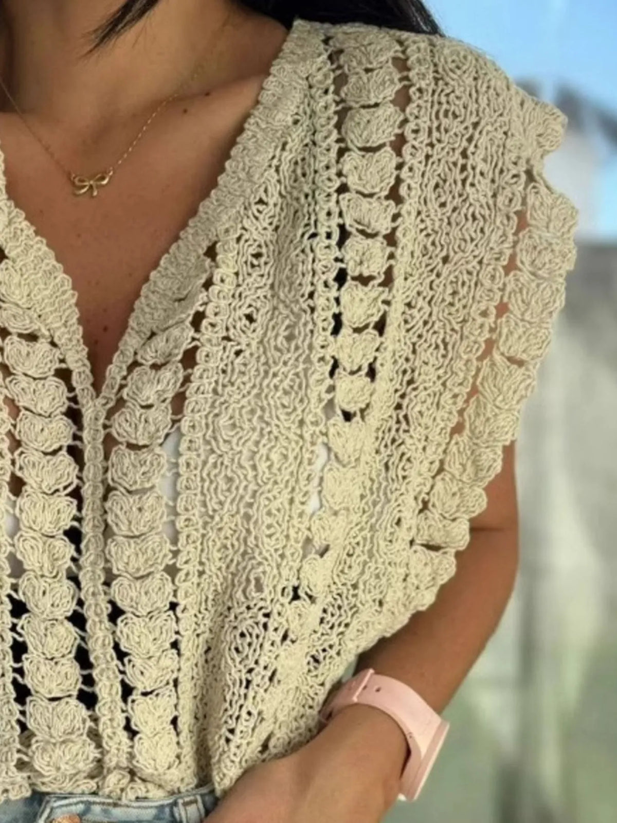 Crochet Knit V Neck Sweater Vest in White on model